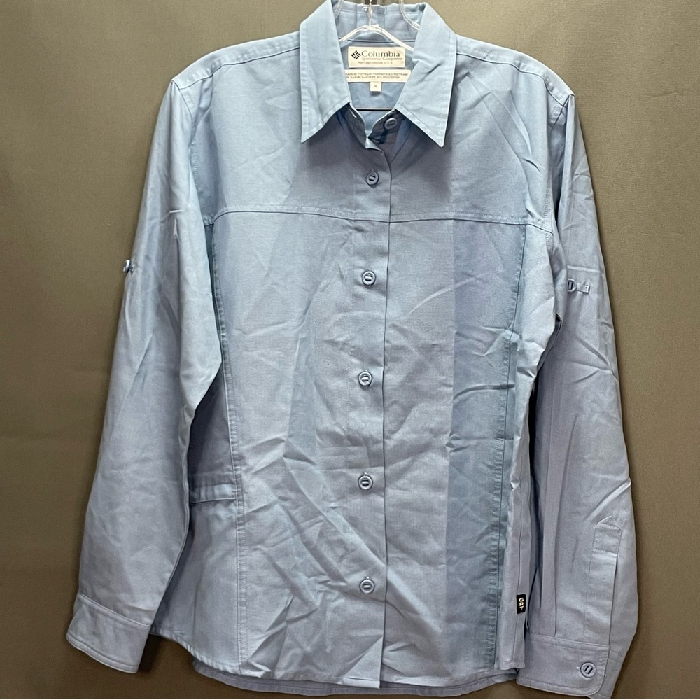 COLUMBIA blue button down collared shirt with one side zipper pocket. Breathable
